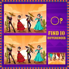 Poster - Dia de los Muertos Mexican holiday maze, kids education game vector design. Find 10 differences puzzle, memory game matching pictures riddle with Day of the Dead dancing skeletons, skulls and sombrero