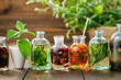 Bottles of essential oil or infusion of medicinal herbs and berries, healing plants on wooden table. Alternative medicine.