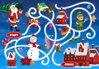 Aufkleber - Kids labyrinth maze with Christmas fairy characters and gifts. Child find way exercise, children search path game. Santa Claus with Christmas tree, elf and snowman, holiday presents cartoon vector
