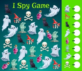 Kids Halloween I spy game with monster characters. Child counting activity, vector educational riddle with cartoon scary ghosts, black cat and zombie hand, human skull, mushroom and magic potion