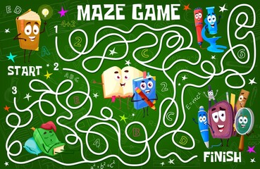 Poster - Kids labyrinth maze with school books, science formulas and education stationery characters. Child playing activity with finding way task, cartoon vector children maze labyrinth game, riddle or quiz