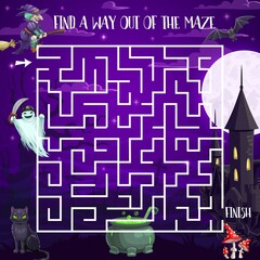 Poster - Halloween night labyrinth maze kids game with spooky characters. Vector puzzle, children task, find correct way board game with ghosts at haunted castle, witch on broom, black cat and potion in pot