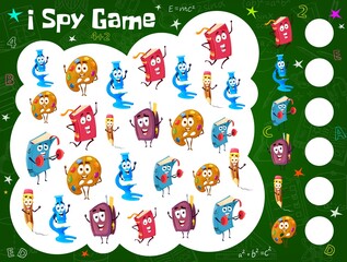 Poster - Kids spy game worksheet with cartoon books, textbooks, school education funny characters. Children logical riddle, educational game or quiz, puzzle with objects calculation activity, counting task