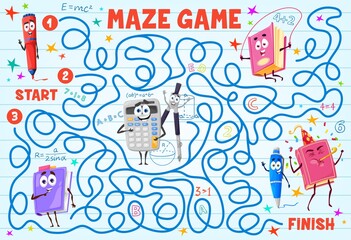Poster - Labyrinth maze with school books, pen, pencil, calculator and compasses cartoon characters. Children educational puzzle with search way task, vector child playing activities book page template