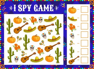 Aufkleber - I spy game. Dia de los muertos holiday symbols. Kids riddle with counting and finding same objects task. Mexican Day of Dead sweets skulls, marigold and cactus, guitar, sombrero and maracas
