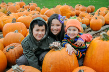 Outdoor Fall Portrait Of Three Happy Young Siblings In Pumpkin Patch Smiling Looking At Camera