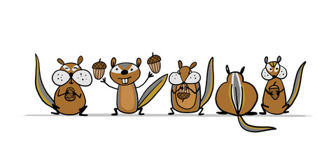 Poster - Funny Chimpank family with nuts. Ground Squirrel. Sketch for your design