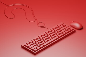 Isometric 3D rendering Mouse and keyboard red color with Question mark made from cable, Information Data Search Technology concept design on red background with copy space