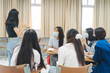 © EduLife Photos - Group asian university students wear protective face mask discuss project in the classroom