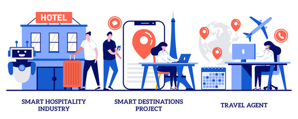 Poster - Smart hospitality industry, smart destinations project, travel agent service concept with tiny people. Abroad trip planning abstract vector illustration set. Booking hotel and tickets online metaphor