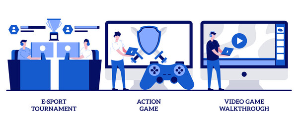 Poster - E-sport-tournament, action game, video game walkthrough concept with tiny people. Cyber sport professional competition abstract vector illustration set. Internet and computer games streaming metaphor