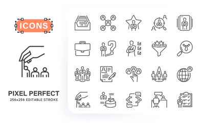 Wall Mural - Set of headhunting related line icons. Contains such icons as index card, candidate, portfolio, target and more. 256x256 pixel perfect. Editable stroke.