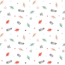 Hello Autumn Childish Seamless Pattern With Pink Leaves And Lettering On A White Background. Ideal For Fabric, Textile, Wallpaper, Prints Scrapbooking Wrapping Paper Invitation And Party Decoration