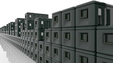 An Uneven Row Of Black Plastic Military Ammunition Storage Boxes Slowly Move Towards The Camera, Reflecting On The Shiny White Floor.