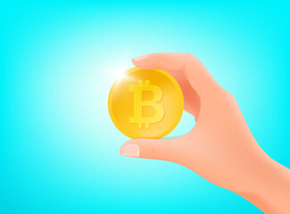Poster - Receiving or send bitcoin. Concept with hand and bitcoin