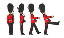 A Set Of Standing And Marching Royal Guards In Bear Hats, A Symbol Of London, A Color Vector Illustration With Black Contour Lines Isolated On A White Background In A Cartoon And Hand Drawn Style