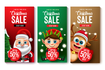 Christmas sale vector poster set. Christmas sale with up to 50% off limited time offer text with santa claus, elf and reindeer characters for xmas promo discount design. Vector illustration.
