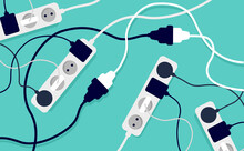 Messy Electrical Chords And Clutter On Floor - Extension Sockets Cables, Chargers And Wire Mess. Vector Illustration.