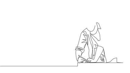 Poster - animated self drawing of one continuous line draw young handsome handyman measuring wooden board to 