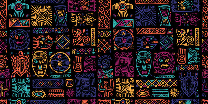Fototapete -  - ethnic mexican decor. handmade seamless pattern for your design. tribal tattos elements