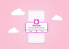 Pink Reminder In 3d Design Mockup On Phone. Notifications. Web Banner. Concept Web Design, Website Page Development. Email Marketing, Online Advertising Concept. Calendar Reminder.