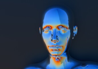 Aufkleber - Surrealistic 3d illustration of a human face made of holographic chrome-plated material. Concept of cyborg and artificial intelligence.