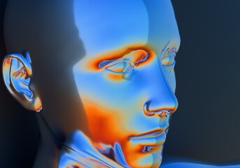 Canvas Print - Surrealistic 3d illustration of a human face made of holographic chrome-plated material. Concept of cyborg and artificial intelligence.