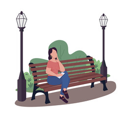 Poster - Woman sitting on bench in park semi flat color vector character. Full body person on white. Spending time outside isolated modern cartoon style illustration for graphic design and animation