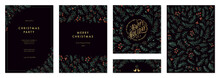 Ornate Merry Christmas And Happy Holidays Cards With Branches, Berries, Birds, Floral Frames And Backgrounds Design. 