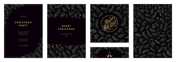 ornate merry christmas and happy holidays cards with branches, berries, birds, floral frames and bac