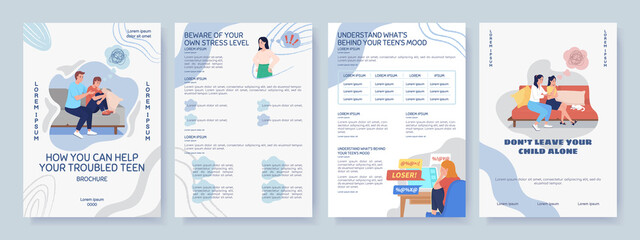 Help for depressed teen flat vector brochure template. Flyer, booklet, printable leaflet design with flat illustrations. Magazine page, cartoon reports, infographic posters with text space