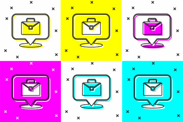 Sticker - Set Online working icon isolated on color background. Freelancer man working on laptop at his house. Remote work. Distant job concept. Vector