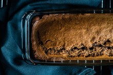 Overhead View Of A Freshly Baked Chocolate Cake In A Glass Baking Dish
