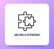 Add-ons and extensions. Browser add thin line icon, two details of puzzle. Modern vector illustration.