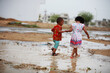 Children Siblings Love Playing Freedom Rainwater Puddle
