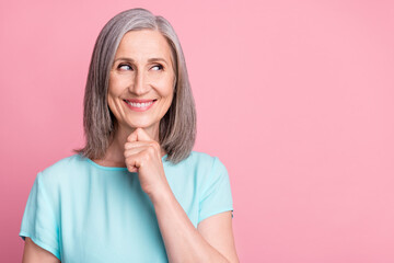 Sticker - Photo of funny elder grey hairdo lady look empty space wear blue blouse isolated on pink color background