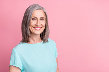 Sticker - Photo of funky elder grey hairdo lady wear blue blouse isolated on pink color background