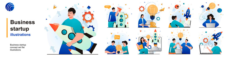 Wall Mural - Business startup isolated set. Successful development of new business idea. People collection of scenes in flat design. Vector illustration for blogging, website, mobile app, promotional materials.