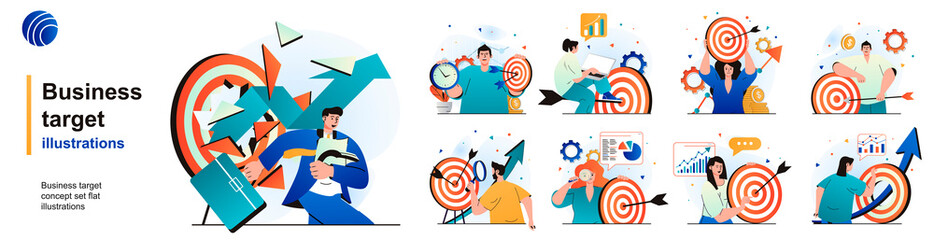 Poster - business target isolated set. goals achievement, success strategy in career. people collection of sc