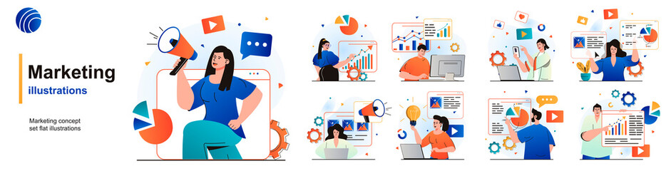 Aufkleber - Marketing isolated set. Successful promotion strategy, customer attracting. People collection of scenes in flat design. Vector illustration for blogging, website, mobile app, promotional materials.