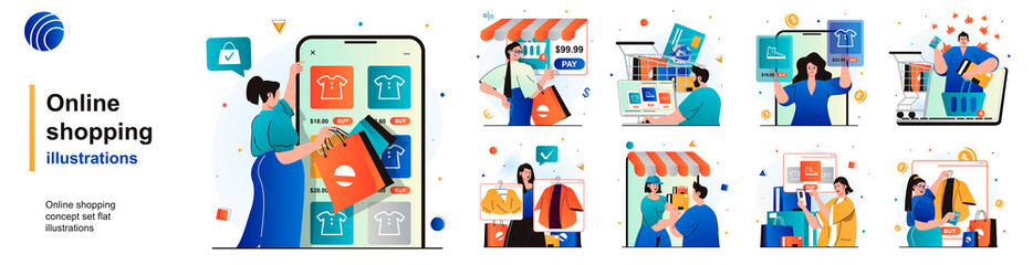 Leinwandbilder - Online shopping isolated set. Customers choose and pay for purchases on site. People collection of scenes in flat design. Vector illustration for blogging, website, mobile app, promotional materials.