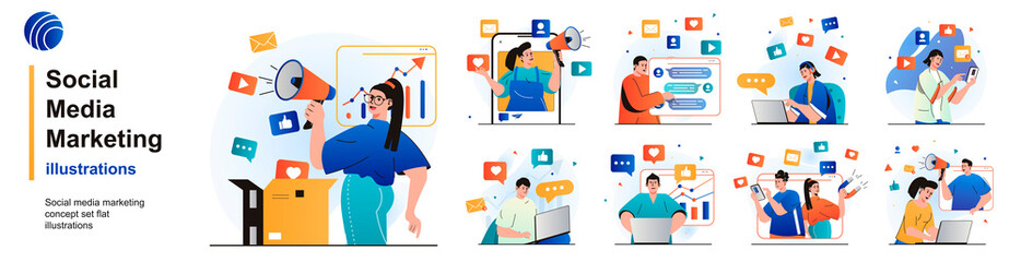 Aufkleber - Social media marketing isolated set. Online promotion, business communication. People collection of scenes in flat design. Vector illustration for blogging, website, mobile app, promotional materials.