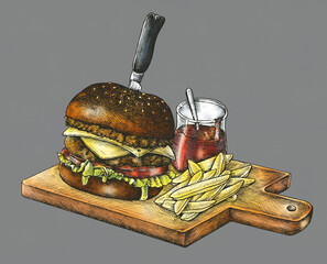 Canvas Print - Hand-drawn burger and fries 