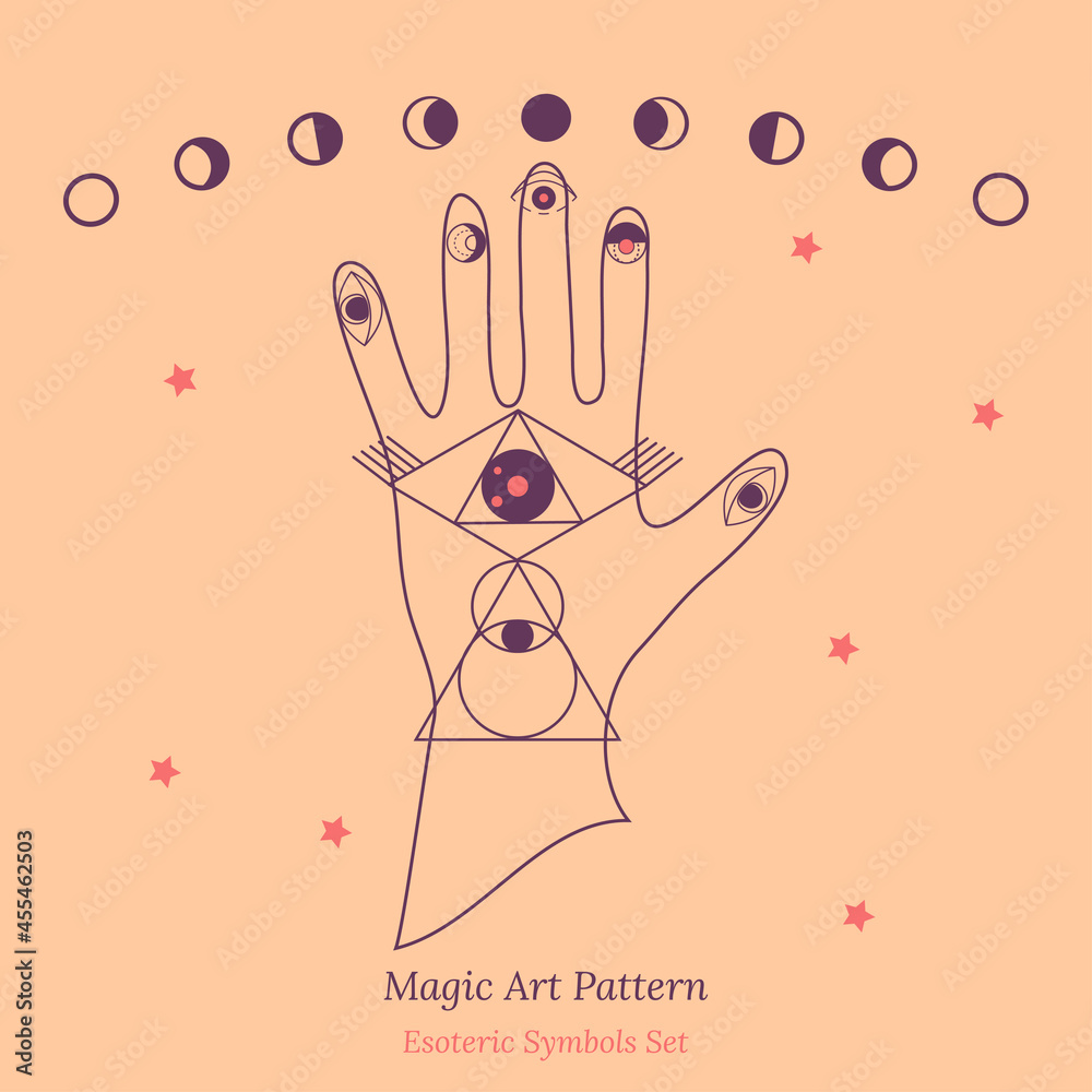 Set of esoteric symbols for fortune telling by hand. Illustration of ...