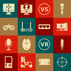 Canvas Print - Set Target sport, Sword for game, Computer monitor, VS Versus battle, Router and wi-fi signal, Gamepad, and Like heart icon. Vector