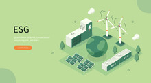 Sustainable ESG Industry With Windmills And Solar Energy Panels. Environmental, Social, And Corporate Governance Concept. Flat Isometric Vector Illustration.