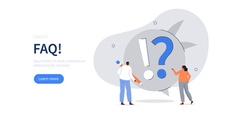 Poster - people characters standing near question and exclamation mark. woman and man ask questions and recei