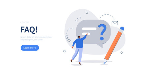 Poster - character sending customer support a question. man ask questions and receive answers. frequently ask