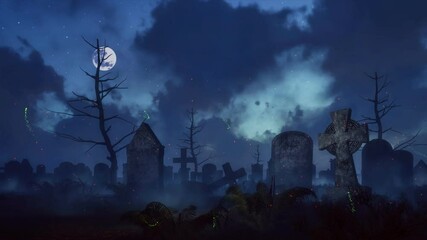 Wall Mural - dark mystic night at abandoned spooky cemetery with supernatural fairy firefly lights flying above o
