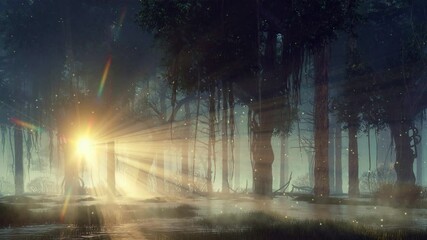 Wall Mural - mysterious forest swamp with supernatural fairy firefly lights flying in sunset rays shining through
